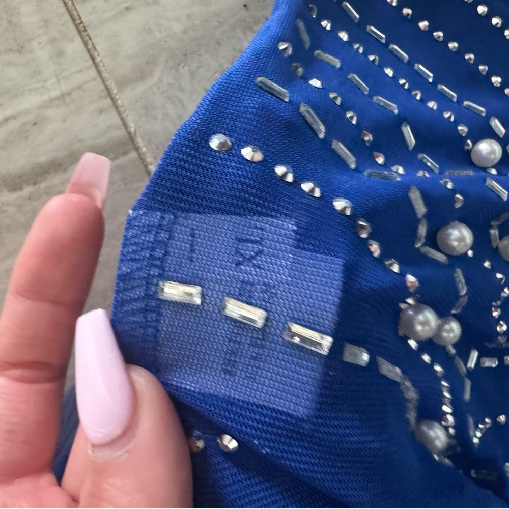 Strapless Royal Blue Feather & Rhinestone Evening Dress - Picture 3 of 3